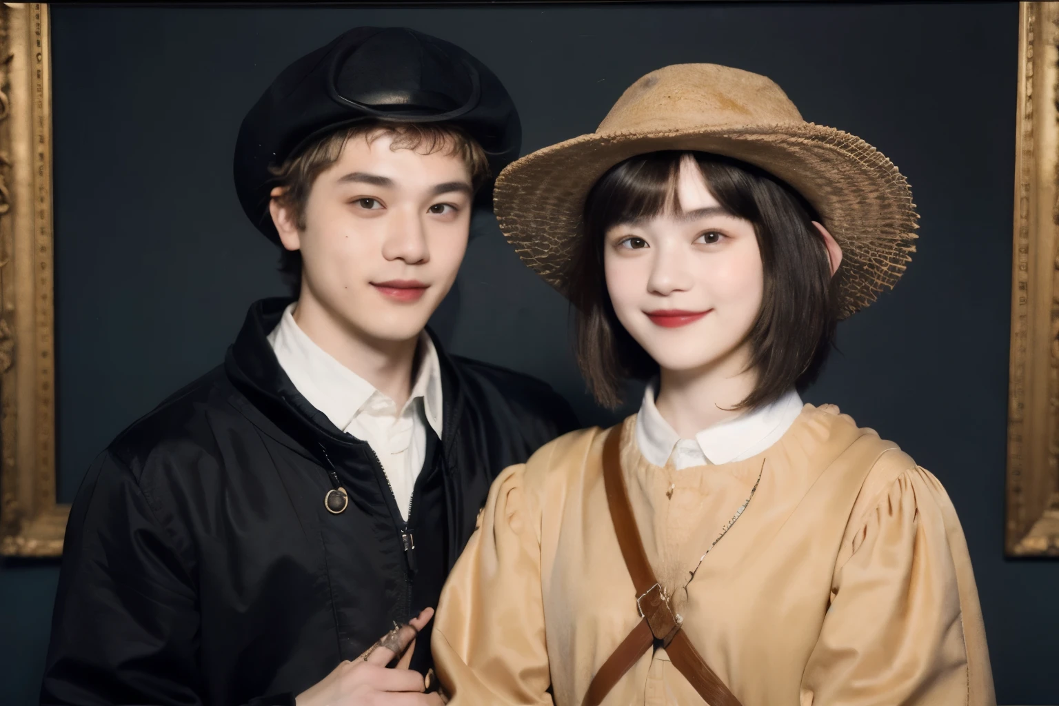 252 (An 18-year-old female and an 18-year-old male), (short hair),kind, lipstick, (Rembrandt-style painting), smile
