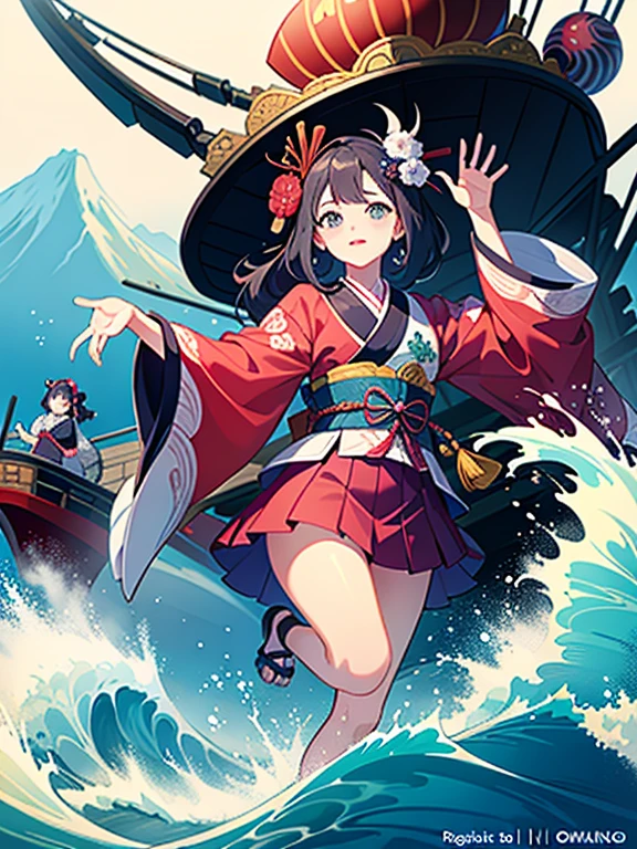 (Highest quality、masterpiece、High resolution、Official Art、8K)、Ukiyo-e、Katsushika Hokusai、Fuji Mountain、White waves of the sea、Boat、