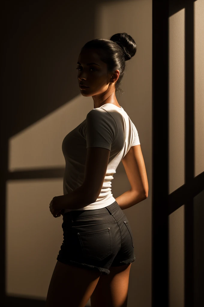 a black woman, black leather short shorts, white shirt, hair in a bun, on a plane bending over going through her pocket book, ultra realistic backside view, (best quality,4k,8k,highres,masterpiece:1.2),ultra-detailed,(realistic,photorealistic,photo-realistic:1.37),detailed face, detailed eyes, detailed lips, intricate details, highly detailed, hyper realistic, 1woman, cinematic lighting, dramatic lighting, dramatic shadows, dark shadows, sharp focus, cinematic composition, volumetric lighting, chiaroscuro lighting, moody lighting, dramatic pose