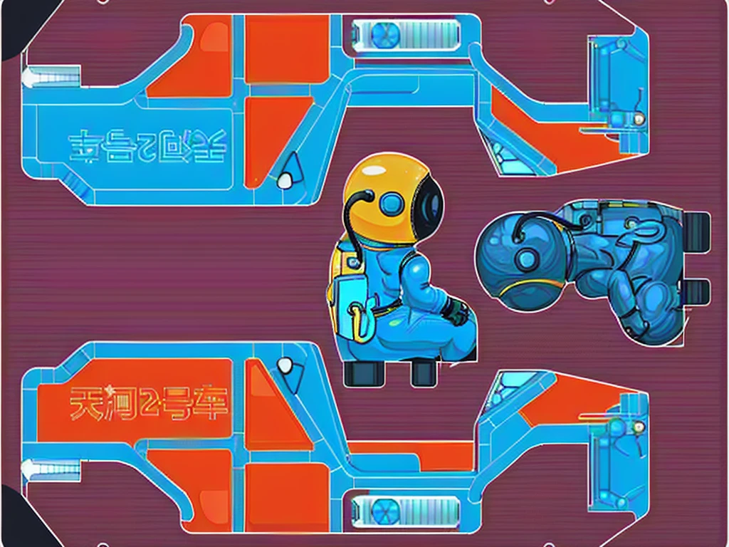 Space suit man cartoon,Space car cartoon, Heavy Line Drawing,Vehicles with steering wheels, Fusion Mecha Parts, highly detailed panel cuts,Line segmentation into Different colored tiles,Different colored tiles,Color blocks,Bright colors,Vibrant colors,Color contrast,Pictures with high color purity,Tianhe-2 Car,Tianhe Logo,Mechanical car frame,There is a mechanical gripper in front of the car,Space suit,astronaut,Oxygen backpack,Oxygen tubes,Space suit pressure tube,finger,cockpit,nuclear powerBattery module,Battery,nuclear power,Reference black wireframe