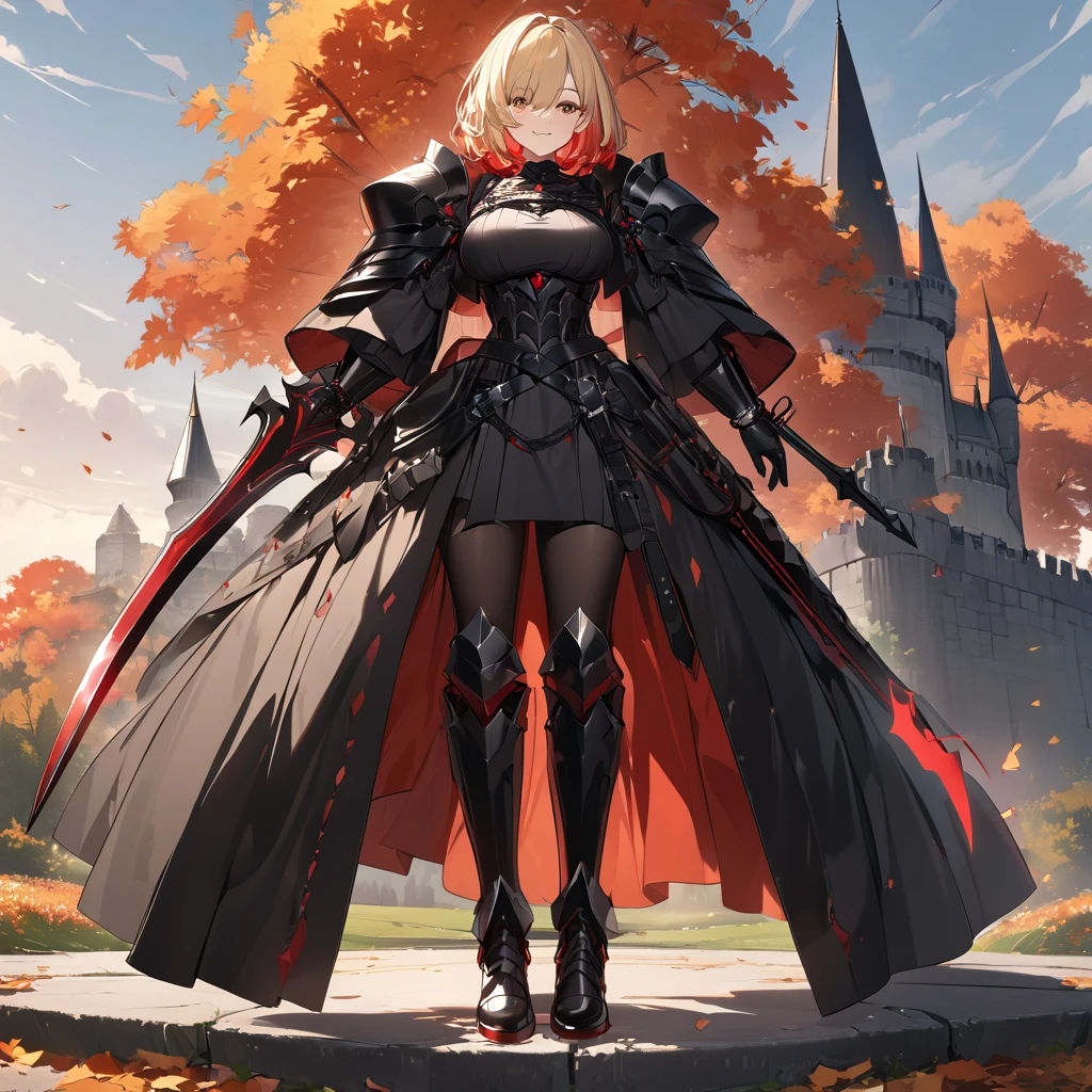 A woman wearing heavy black armor with red details, black metal bracelet, black metal boots, wearing black helm with exposed face, blonde hair, short hair, red bangs, multi-colored hair, large breasts, holding a red sword with red lightning on the sword, smiling, sadistic smile, standing on a concrete platform overlooking a black Gothic style castle, with a wide view of the lawn in the autumn climate, autumn trees.UHD , prime work , accurate , anatomically correct , textured skin , super details , high quality , best quality, 8k, high resolution, bokeh effect. (woman alone), close view.