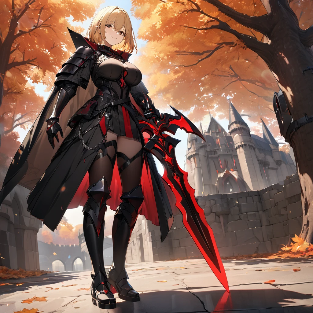 A woman wearing heavy black armor with red details, black metal bracelet, black metal boots, wearing black helm with exposed face, blonde hair, short hair, red bangs, multi-colored hair, large breasts, holding a red sword with red lightning on the sword, smiling, sadistic smile, standing on a concrete platform overlooking a black Gothic style castle, with a wide view of the lawn in the autumn climate, autumn trees.UHD , prime work , accurate , anatomically correct , textured skin , super details , high quality , best quality, 8k, high resolution, bokeh effect. (woman alone), close view.
