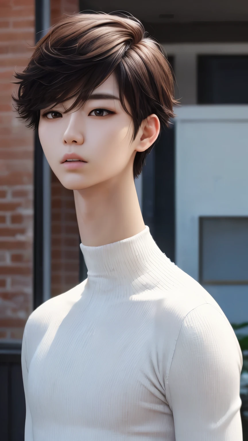 (ultra realistic, highly detailed:1.4), best quality, androgynous korean boy, fluffy hair, turtleneck shirt, (longneck:1.4)