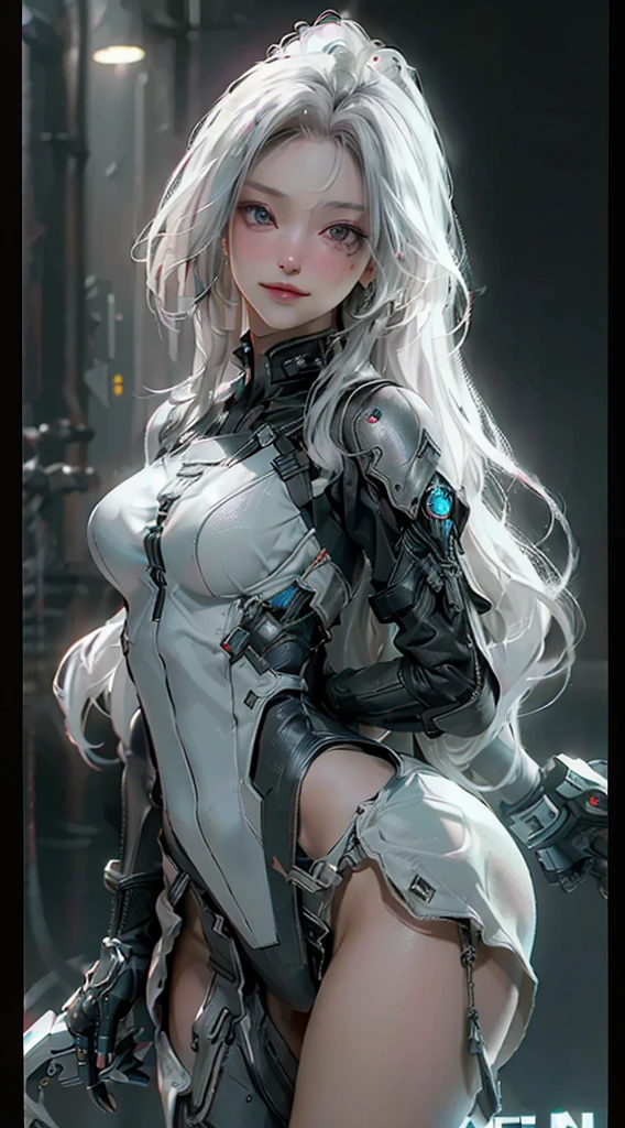 ((Highest quality)), ((masterpiece)), (detailed:1.4), 3d, Beautiful cyberpunk woman image,High resolution (High Dynamic Range),Ray Tracing,NVIDIA,Super Resolution,Unreal 5,Scattered beneath the surface,PBR Texturing,Post-processing,Anisotropic Filtering,Depth of written boundary,Maximum clarity and sharpness,Multilayer Texture,Albedo and Specular Maps,Surface Shading,Accurate simulation of light-matter interactions,Perfect proportions,Octane Rendering,Two-tone lighting,wide aperture,Low ISO,White balance,Three-part method,8K RAW,Gray Hair,smile,Ample breasts,,bright personality,fine,