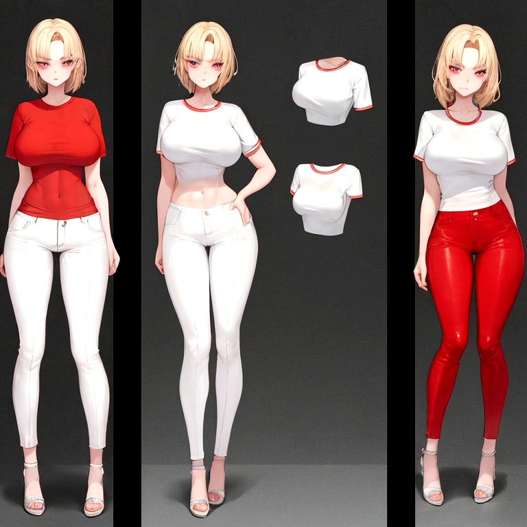name zoe. 20 year old ager, beautiful angelic face. Red eyes. White skin color. height 1,70, retail physicist, large and firm breasts, Short blonde hair. Clothes, T-shirt at the height of the abdomen. tight red pants. body detail, standing straight and firm looking angrily at the camera. with face. sitting elegantly