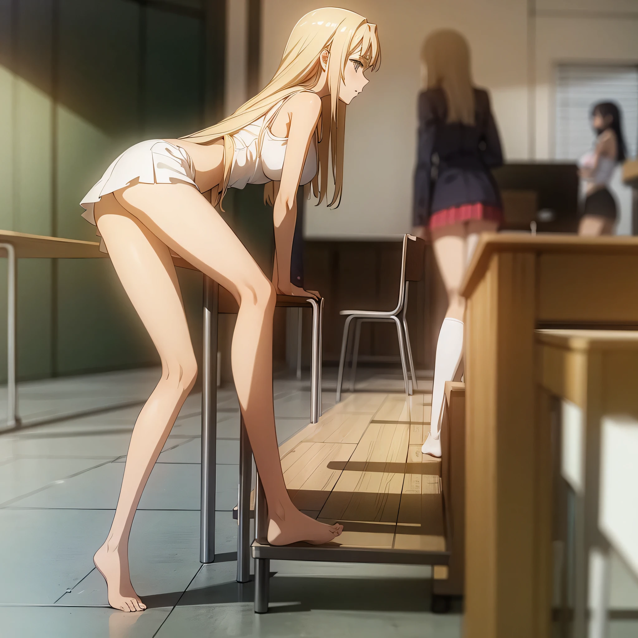 3 female students wear bare shoulders to school , Blonde beauty with long flowing hair and beautiful legs