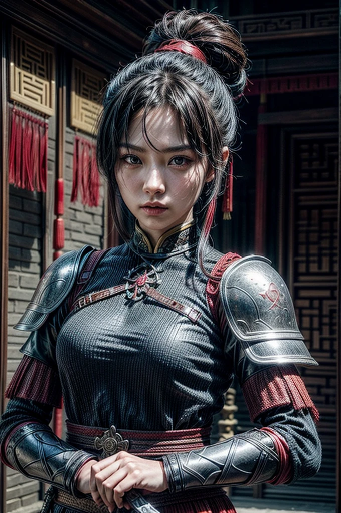 A beautiful chinese women warrior, weapon, 1girl, red full armor, sword, black_hair, bun hairstyle, holding, dual_wielding, solo_focus, holding_weapon, holding_sword, old chinese background, brown_eyes