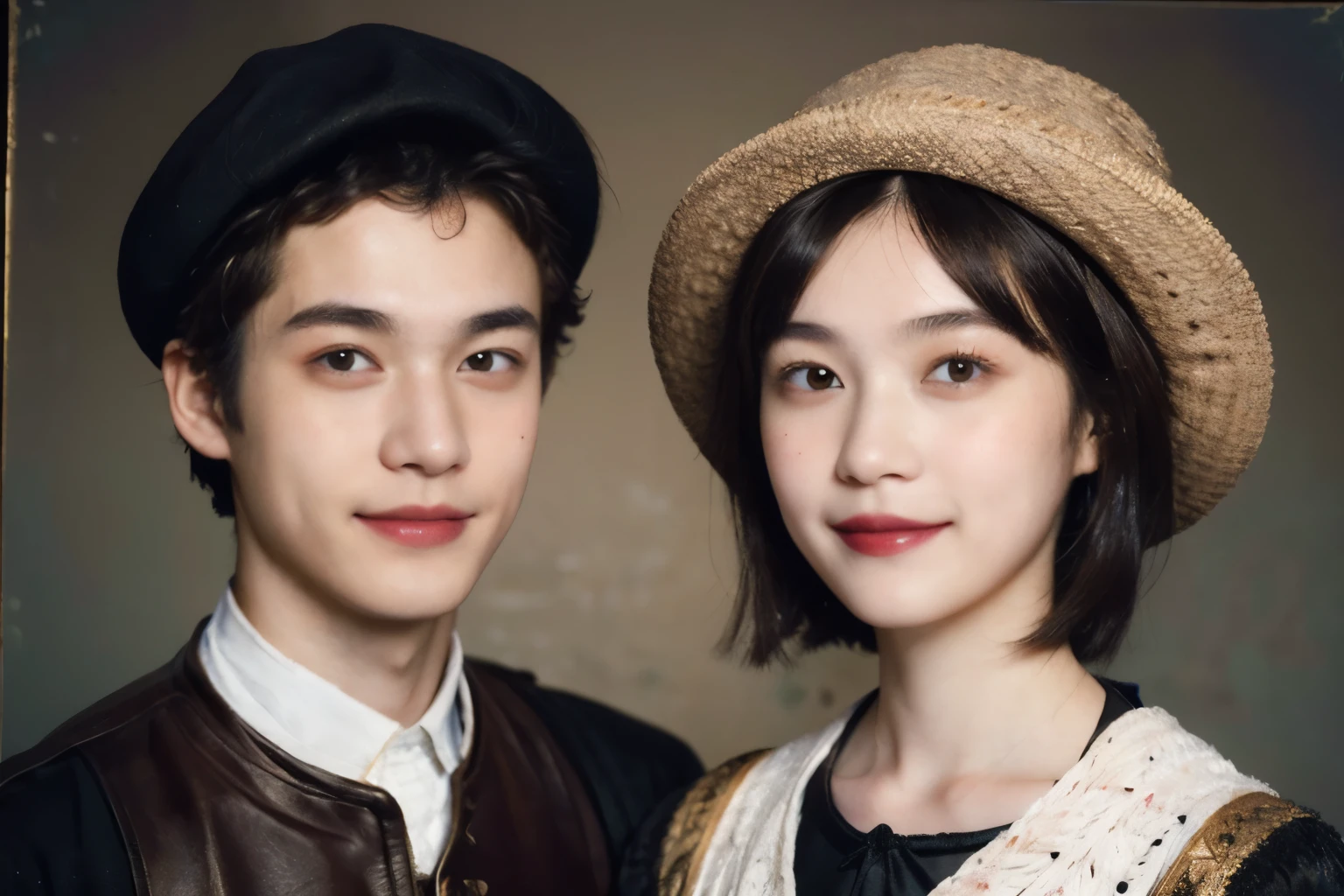 252 (An 18-year-old female and an 18-year-old male), (short hair),kind, lipstick, (Rembrandt-style painting), smile