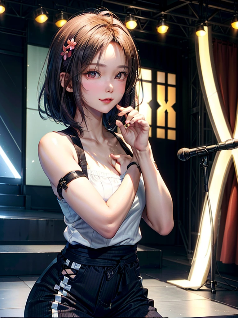 ((Best of the highest quality, 8k, Masterpiece, raw photo: 1.1)), (Sharp focus: 1.1), (1 AESPA, slim body type female, 22 y/o: 1.1), solo, Portrait Waist Up, (realistic, photo-realistic:1.37), face focus, cute face, finely eyes, (short bob hair, updo, forehead: 1.2), (sharp chin, droopy eyes: 1.32), (Emphasize prominent aegyo-sal with bright: 1.28), shimmering eyeshadow applied under the lower lash line, paired with thick, alternative outfit, walking on stage, microphone, flower,