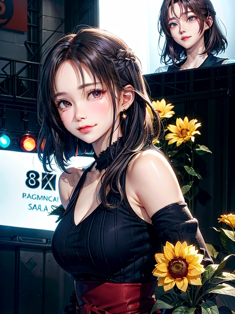 ((Best of the highest quality, 8k, Masterpiece, raw photo: 1.1)), (Sharp focus: 1.1), (1 AESPA, slim body type female, 22 y/o: 1.1), solo, Portrait Waist Up, (realistic, photo-realistic:1.37), face focus, cute face, finely eyes, (short bob hair, updo, forehead: 1.2), (sharp chin, droopy eyes: 1.32), (Emphasize prominent aegyo-sal with bright: 1.28), shimmering eyeshadow applied under the lower lash line, paired with thick, alternative outfit, walking on stage, microphone, flower,