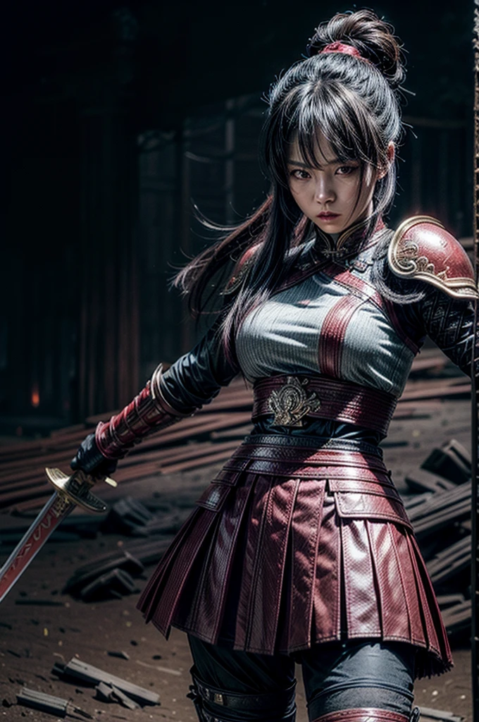 A beautiful chinese women warrior, weapon, 1girl, red full armor, sword, black_hair, bun hairstyle, holding, dual_wielding, solo_focus, holding_weapon, holding_sword, old chinese background, brown_eyes