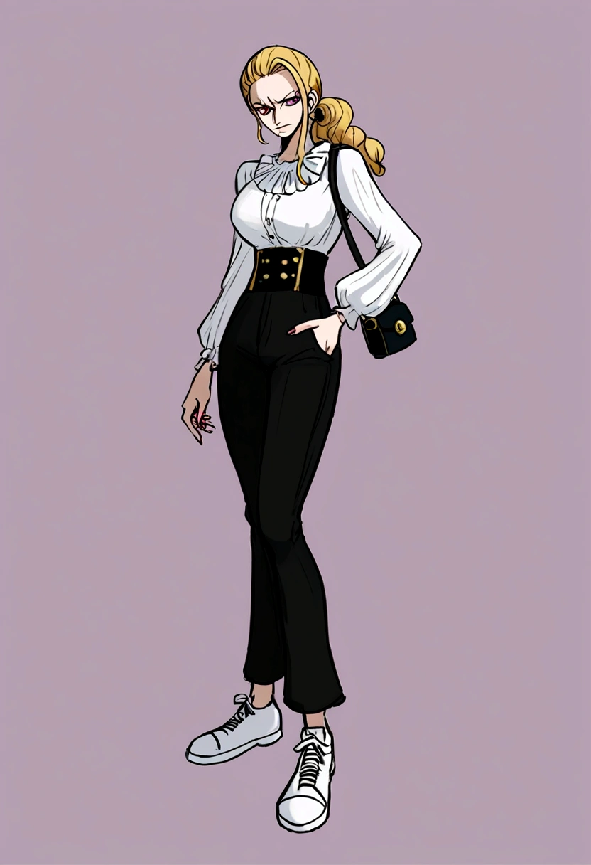 Personagem de one piece, a white streak, lilac eyes, long sleeve blouse, dark high waist pants, white sneakers and a side bag

