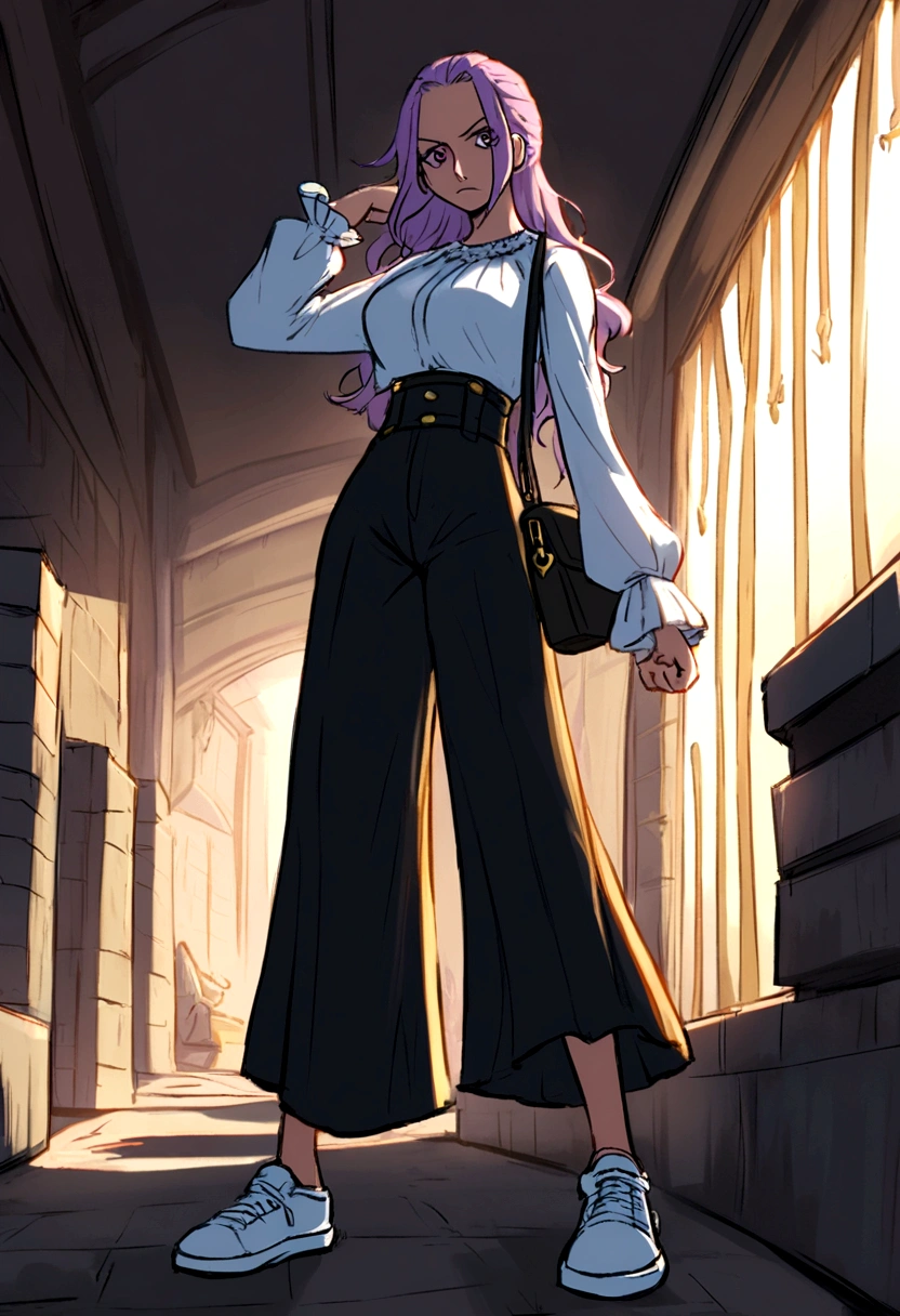 Personagem de one piece, a white streak, lilac eyes, long sleeve blouse, dark high waist pants, white sneakers and a side bag