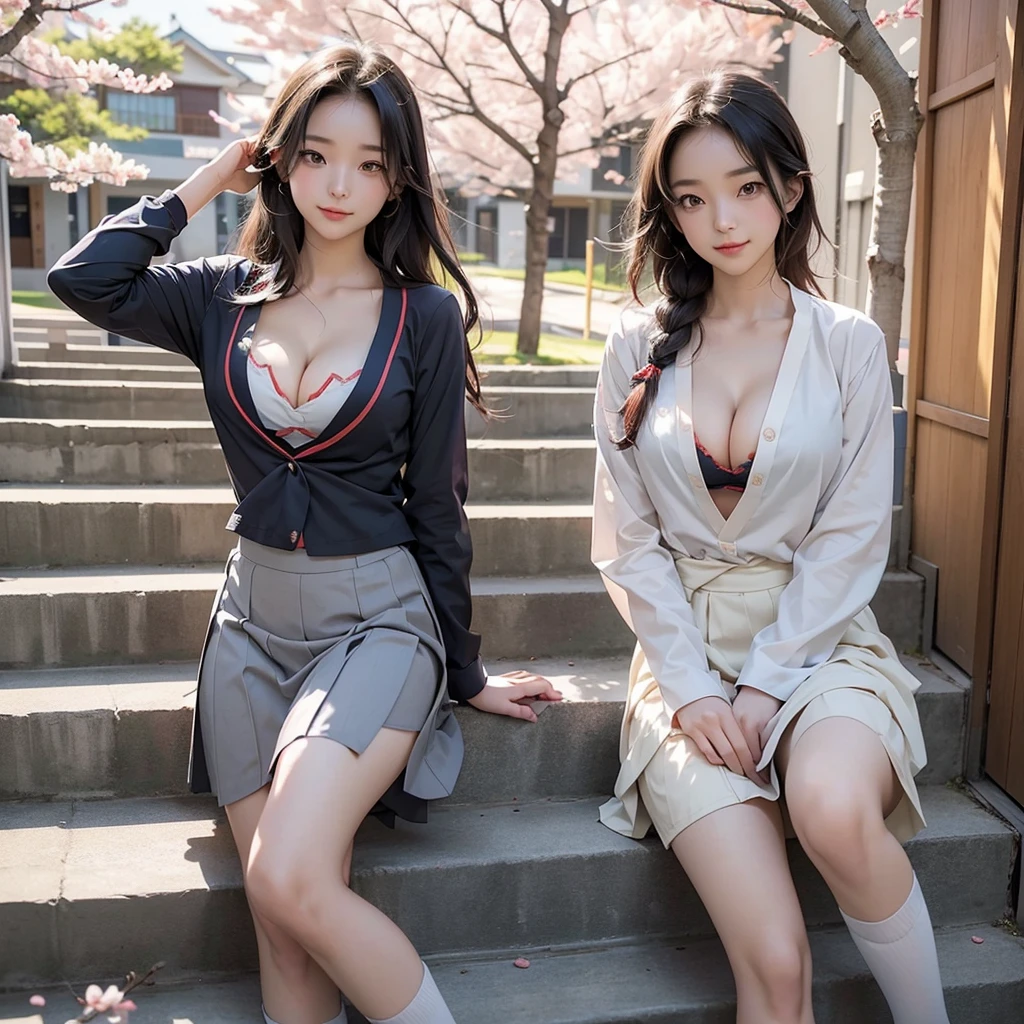 A woman in a school uniform posing on the stairs, seifuku, Japanese , A mix of anime style and Fujifilm, Japanese girls uniform, Magic , Beldelfinn, Wearing Japanese clothes , Female student, Beautiful anime school girl, Chiho, Another Iwakura, Sakura Kinomoto, Under the cherry tree
((((Emphasize cleavage))))