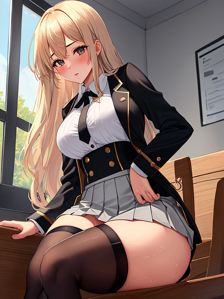 /(Front focus), /(Front view,), /(Focus on girl,), A beautiful girl, high school student, sitting on a chair, beside the window, lustfully lifting up her skirt with her hands while looking at the viewer in a flirtatious and horny way, touching her crotch over her clothes, caressing her legs with one hand, closing her eyes, moaning, leaning against the back of the chair, breathing heavily, blushing, sweat and wet body, /(extremely long straight hair, almond-shaped eyes, hourglass-shaped athletic body, Big chest, medium hip, medium waist, shapely legs, perfect fingers, Greek nose, perfect hands, triangular face,), /(uniform: white V-neck blouse long sleeves, gray pleated mini skirt, black satin blazer with gold buttons, black thigh-high stockings held up by garters,),