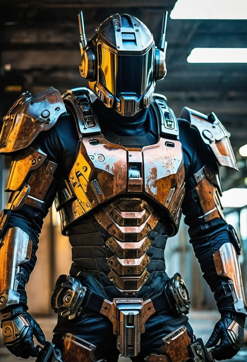 wearing a mechanical suit, Mechanical Wonder, cyber punk, Cyber Guardian, futuristic armor, whole body, front pose, symetry, intricate (steel metal [rust]), joints, war style, cyborg, male body and armor, chainsaw man  