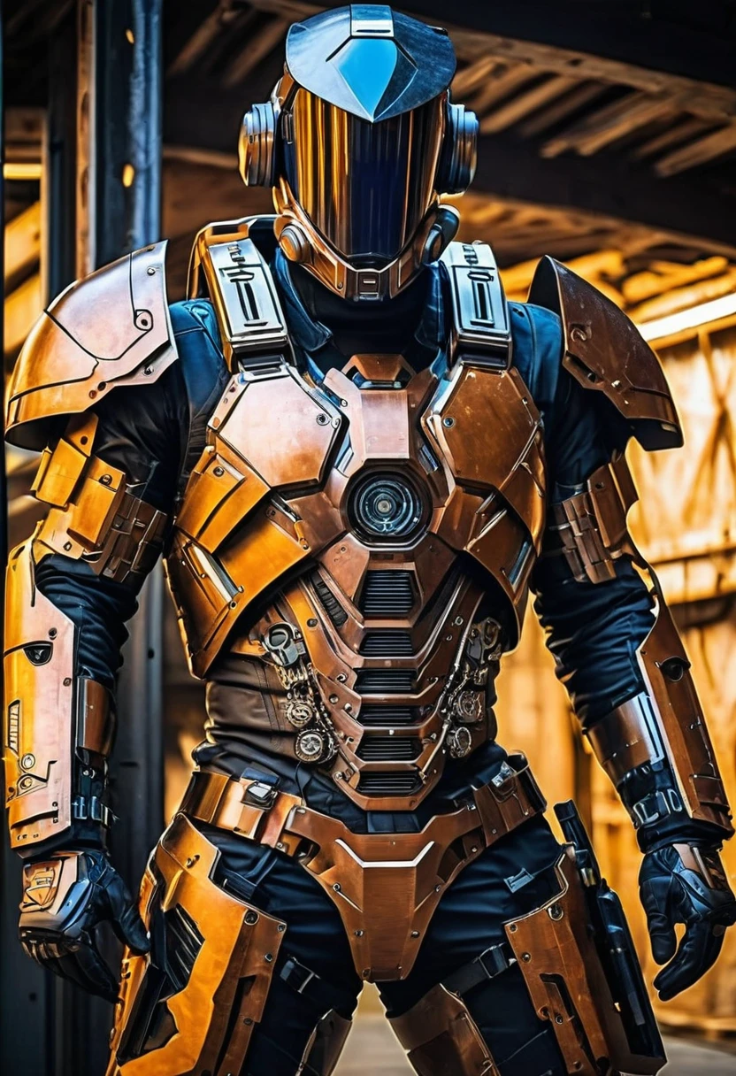 wearing a mechanical suit, Mechanical Wonder, cyber punk, Cyber Guardian, futuristic armor, whole body, front pose, symetry, intricate (steel metal [rust]), joints, war style, cyborg, male body and armor, chainsaw man  