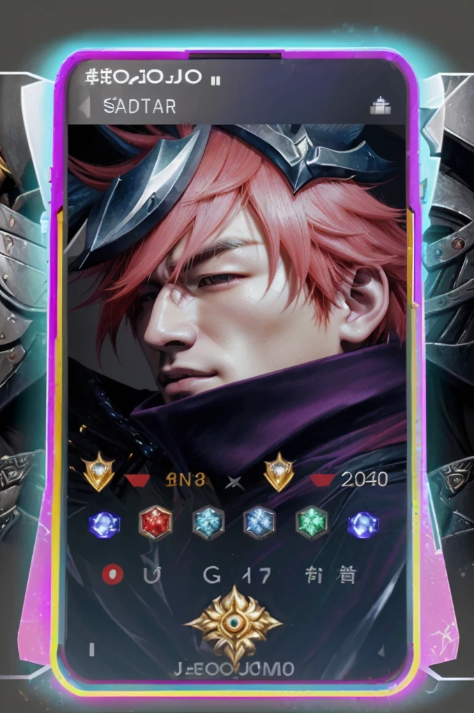 a close up of a cell phone with a picture of a person with red hair, gojo Satoru made of jewlery, son of sparda, gojo Satoru portrait, epic battle screen of hero, shadowverse style, arcane style!!!!!, gojo Satoru, profile picture 1024px