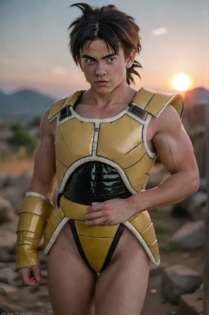 (masterpiece), (extremely intricate:1.3), (realistic), beautiful lighting, solo, looking at viewer, blue eyes, platinum blonde hair, (cowboy shot), (black saiyan armor), black bodysuit, mountain background, 1girl, upper body, white skin, sharp focus, dramatic, award winning, cinematic lighting, octane render, unreal engine, volumetrics dtx, (film grain, blurry background, blurry foreground, bokeh, depth of field, sunset, motion blur:1.3), young, from below,(((Bardock with dragonball z super armor))).