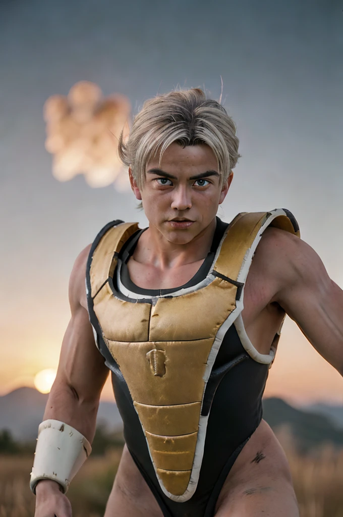 (masterpiece), (extremely intricate:1.3), (realistic), beautiful lighting, solo, looking at viewer, blue eyes, platinum blonde hair, (cowboy shot), (black saiyan armor), black bodysuit,  mountain background, 1girl, upper body, white skin, sharp focus, dramatic, award winning, cinematic lighting, octane render, unreal engine, volumetrics dtx, (film grain, blurry background, blurry foreground, bokeh, depth of field, sunset, motion blur:1.3), young, from below,(((Bardock with dragonball z super armor))). 