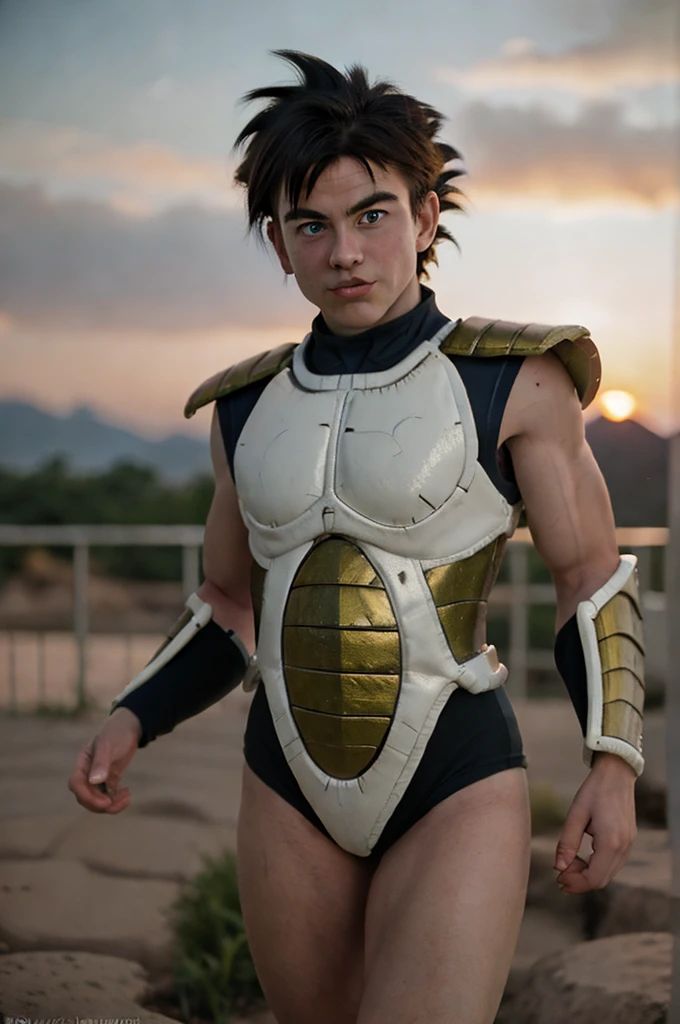 (masterpiece), (extremely intricate:1.3), (realistic), beautiful lighting, solo, looking at viewer, blue eyes, platinum blonde hair, (cowboy shot), (black saiyan armor), black bodysuit,  mountain background, 1girl, upper body, white skin, sharp focus, dramatic, award winning, cinematic lighting, octane render, unreal engine, volumetrics dtx, (film grain, blurry background, blurry foreground, bokeh, depth of field, sunset, motion blur:1.3), young, from below,(((Bardock with dragonball z super armor))). 