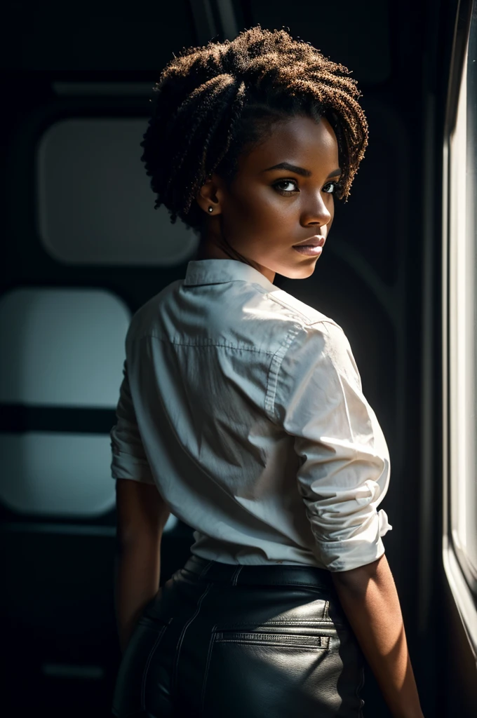 a black woman, black leather short shorts, white shirt, hair in a bun, on a plane bending over going through her pocket book, ultra realistic backside view, (best quality,4k,8k,highres,masterpiece:1.2),ultra-detailed,(realistic,photorealistic,photo-realistic:1.37),detailed face, detailed eyes, detailed lips, intricate details, highly detailed, hyper realistic, 1woman, cinematic lighting, dramatic lighting, dramatic shadows, dark shadows, sharp focus, cinematic composition, volumetric lighting, chiaroscuro lighting, moody lighting, dramatic pose