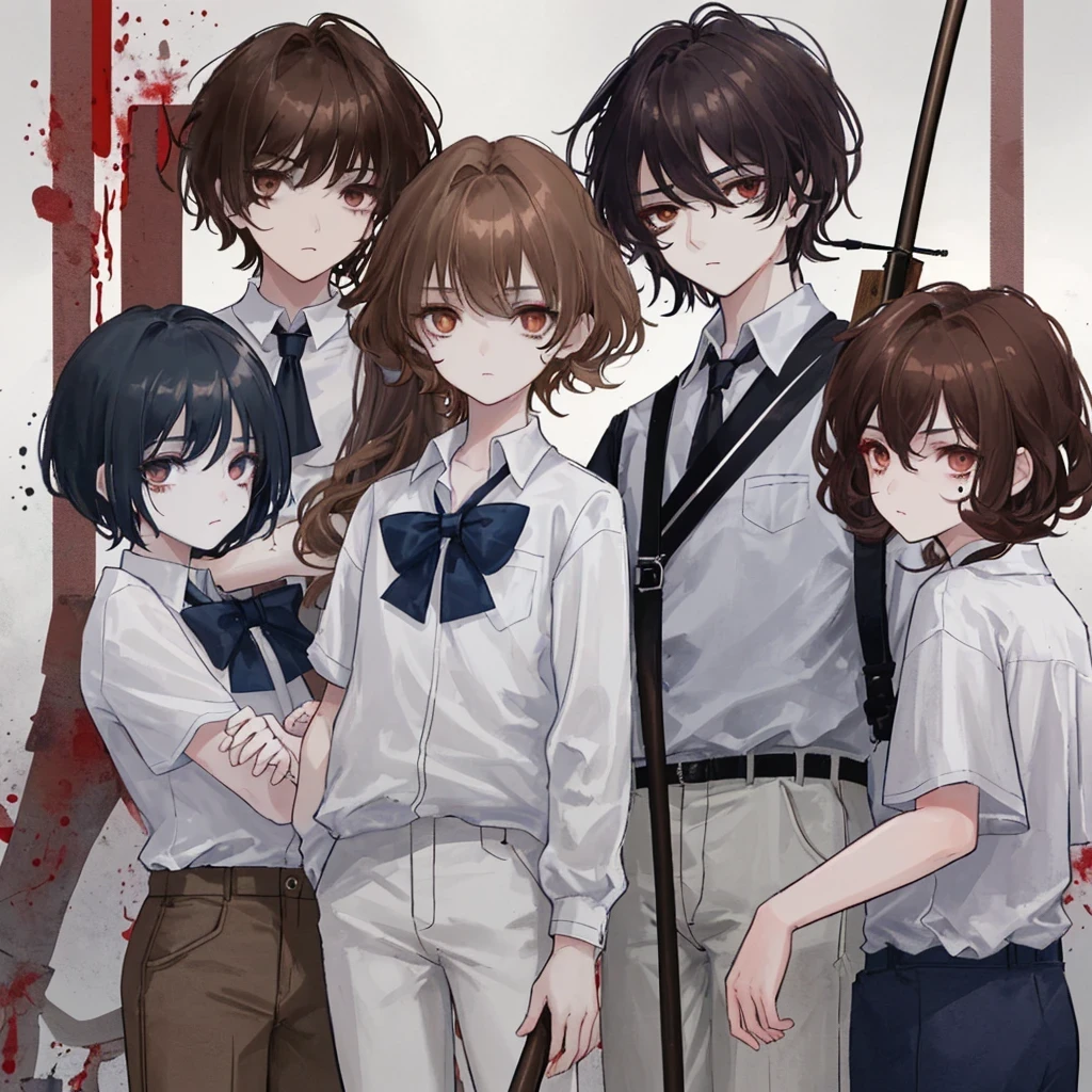 1 girl with curly hair of medium size, brown hair color, honey eye color with 2 moles on the right side of her face and white skin color, wearing a uniform with a white shirt, dark blue pants with a white line on the pants, clothes with blood holding an ax in his hand, 1 with medium straight hair, brown color, dark brown eyes and white skin color, uniform with a white shirt with dark blue pants with a line on the pants with blood on the clothes holding a broom, 1 other girl with short brown hair, brown eyes and white skin color, uniform, white shirt with dark blue pants with a white line and blood, holding a broom, 1 boy with short brown hair and dark brown eyes wearing a white shirt with dark blue pants full of blood holding a baseball bat and his skin color is brown, all of them with a somewhat sad face, all of them with their entire body facing forward, looking at the camera, the scene behind them was a school in front with some zombies, the lighting is a little dark but you can see everything, the four of them together in the same place, They are all agers and in high school