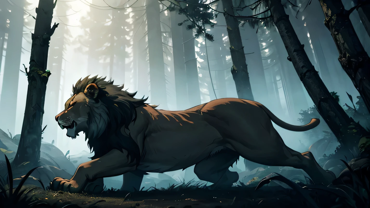 LION'S PAW ATTACKING WITH SHARP CLAWS, moody lighting, hyper-realistic forest, gloomy and mysterious cinematic lighting, intricate details, 8k, high quality, photorealistic, dramatic,