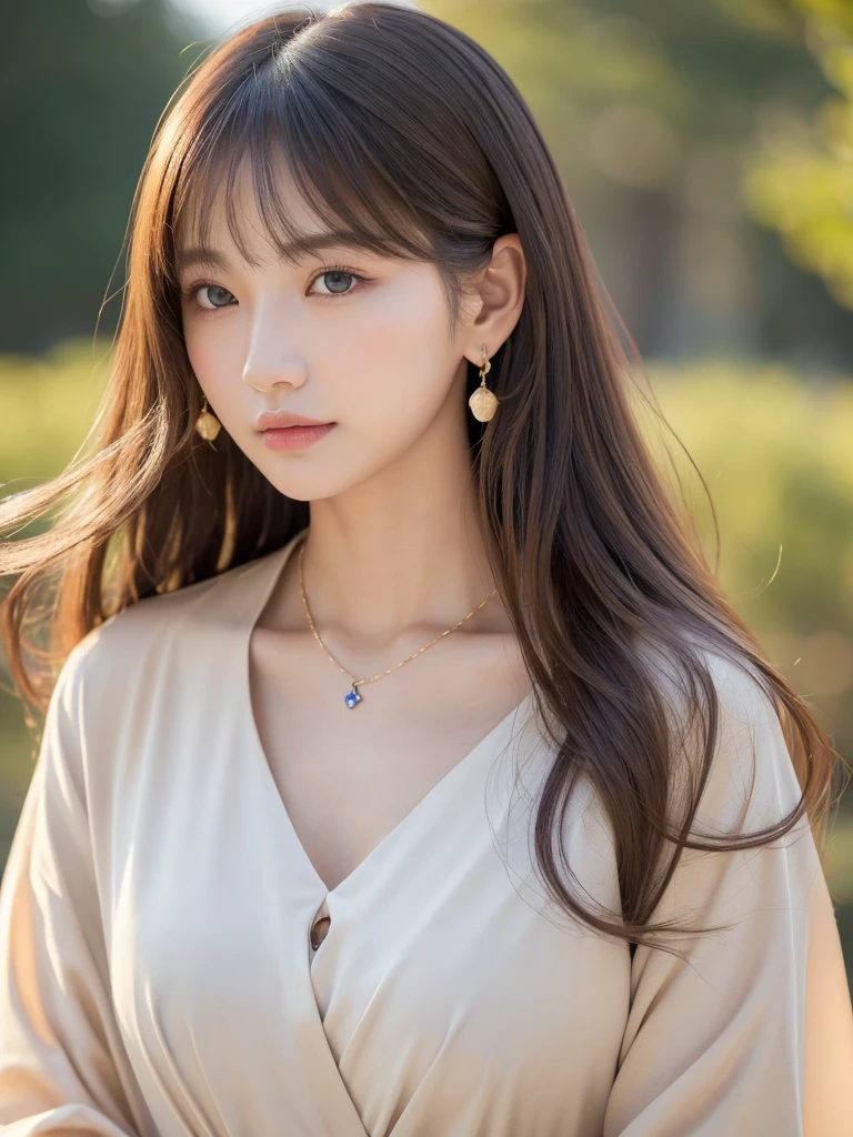 ((Highest quality, 8K, masterpiece:1.3)), concentrate: 1.2, Perfect body beauty: 1.4, Hips: 1.2, ((Long Hair, chest: 1.2)), (Dry clothes: 1.1) , (clear, Simple Background:1.3), Simple clothes: 1.1, Highly detailed face and skin texture,Delicate eyes, double eyelid, Whitened skin, Rough skin、Long Hair、Earrings with bangs、necklace、 solo、Beige coat、White shirt, (((Beautiful girl with cute Japan)))、 ((Beautiful Japanese girl 20 years old))、 ((Baby Face))、 (((Slender body)))、 Upper Body,Face focus、necklace,Simple Background,From above, Realistic Hair、 A photograph was taken:Canon EOS R6、135mm、1/1250 seconds、f2.8、ISO400、(Detailed explanation of the hand)、(Masseter muscle area)、(Exquisite CG)、Long Hair, loose and curly hair、Korean Hair、Long Hair明るいベージュ色、グラデーションハイライトグレージュのゆるふわLong Hairスタイル、
