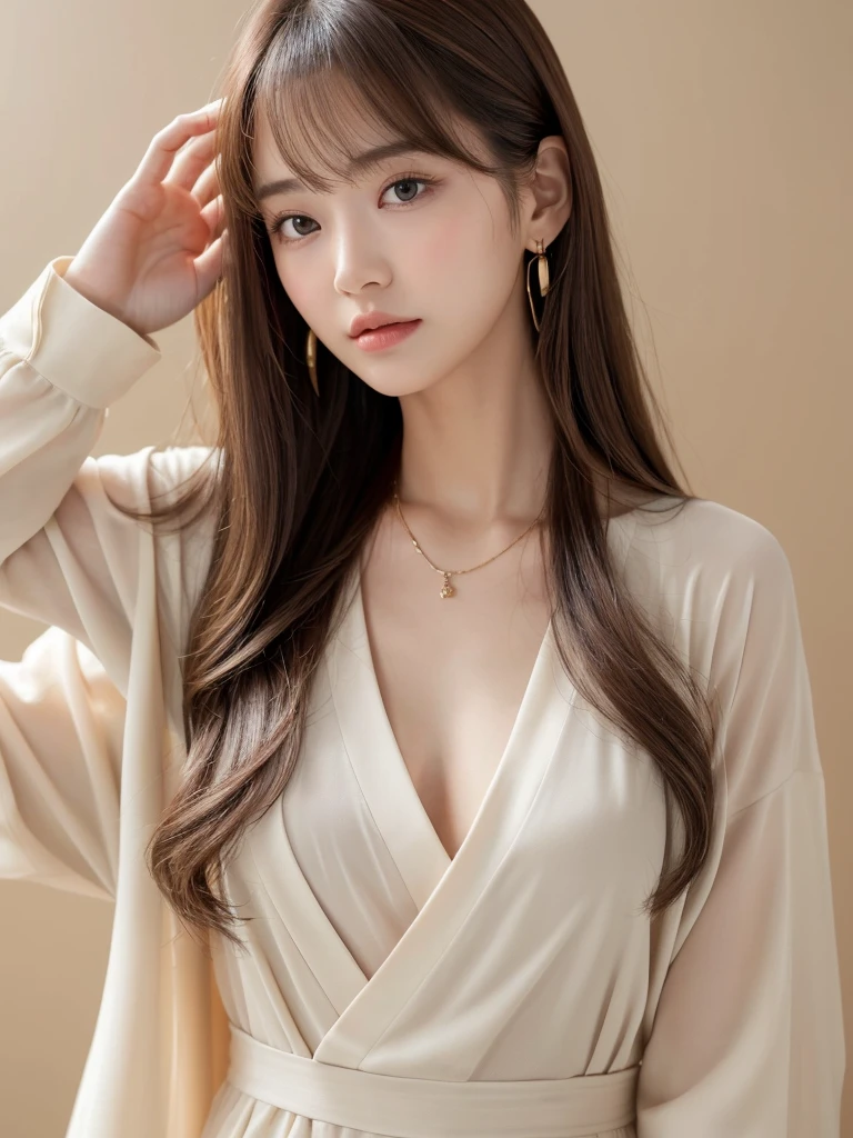 ((Highest quality, 8K, masterpiece:1.3)), concentrate: 1.2, Perfect body beauty: 1.4, Hips: 1.2, ((Long Hair, chest: 1.2)), (Dry clothes: 1.1) , (clear, Simple Background:1.3), Simple clothes: 1.1, Highly detailed face and skin texture,Delicate eyes, double eyelid, Whitened skin, Rough skin、Long Hair、Earrings with bangs、necklace、 solo、Beige coat、White shirt, (((Beautiful girl with cute Japan)))、 ((Beautiful Japanese girl 20 years old))、 ((Baby Face))、 (((Slender body)))、 Upper Body,Face focus、necklace,Simple Background,From above, Realistic Hair、 A photograph was taken:Canon EOS R6、135mm、1/1250 seconds、f2.8、ISO400、(Detailed explanation of the hand)、(Masseter muscle area)、(Exquisite CG)、Long Hair, loose and curly hair、Korean Hair、Long Hair明るいベージュ色、グラデーションハイライトグレージュのゆるふわLong Hairスタイル、