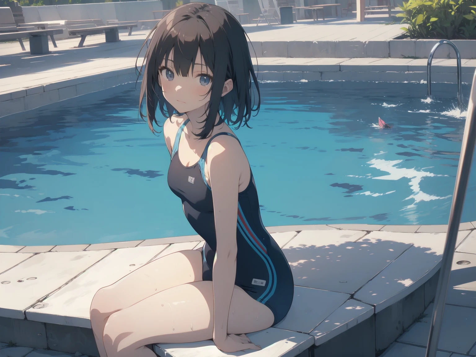 ultra-Top-quality by art God, ultra-detailed, high resolution, shinkai makoto style, anime moe artstyle, best anime 8k konachan wallpaper, pixiv contest winner, perfect ???????, break,(Please draw a picture of a girl in a swimsuit sitting on a bench by the poolside alone.),break, a hyperrealistic school girl, parted lips, (Solo,lolita, ???, 13-year-old:1.3),Full limbs, complete fingers, androgynous charm, very short hair, wet hair, small breasts,slender body, Small butt, groin, Small black eyes,hanme,beautiful detailed eyes, well-proportioned iris and pupils, sleepily, highres detailed hair, swimsuit, wet swimsuit, bare shoulders, thighs,  in the school pool. break,dewy skin, perspiration on the skin,skin texture, fine lines, pores, natural imperfections,light reflections, glossy skin, shiny skin,break,super detailed skin, shiny skin, Best lighting powered by famous artist, 8k, illustration,UHD, textured skin,break,((artist:toosaka_asagi )), artist:clamp ,artist:carnelian ,artist:kantoku ,