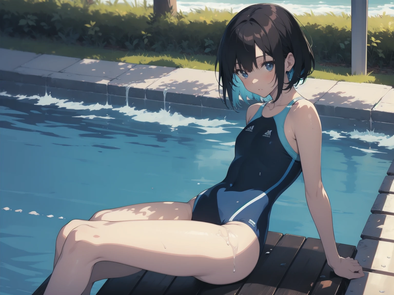ultra-Top-quality by art God, ultra-detailed, high resolution, shinkai makoto style, anime moe artstyle, best anime 8k konachan wallpaper, pixiv contest winner, perfect anatomy, break,(Please draw a picture of a girl in a swimsuit sitting on a bench by the poolside alone.),break, a hyperrealistic school girl, parted lips, (Solo,ta, kid, 13-year-old:1.3),Full limbs, complete fingers, androgynous charm, very short hair, wet hair, small breasts,slender body, Small butt, groin, Small black eyes,hanme,beautiful detailed eyes, well-proportioned iris and pupils, sleepily, highres detailed hair, swimsuit, wet swimsuit, bare shoulders, thighs, in the school pool. break,dewy skin, perspiration on the skin,skin texture, fine lines, pores, natural imperfections,light reflections, glossy skin, shiny skin,break,super detailed skin, shiny skin, Best lighting powered by famous artist, 8k, illustration,UHD, textured skin,break,((artist:toosaka_asagi )), artist:clamp ,artist:carnelian ,artist:kantoku ,