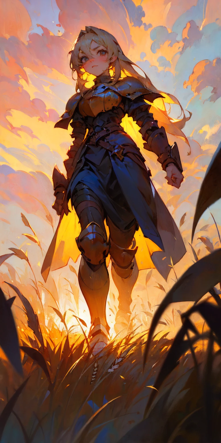 stunning painting of a knight with long blonde hair, wheat field, epic clouds ((painterly)) ((impressionist)) vibrant, soft edges (((warm glow))) full body whole body view from below 1sologirl, feet together, view from below while walking to the viewer