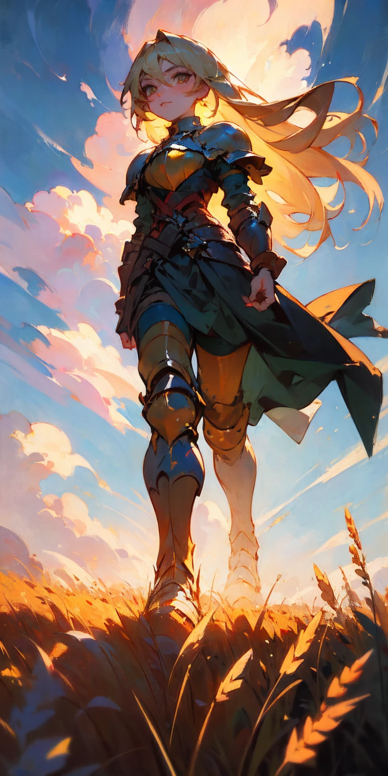 stunning painting of a knight with long blonde hair, wheat field, epic clouds ((painterly)) ((impressionist)) vibrant, soft edges (((warm glow))) full body whole body view from below 1sologirl, feet together, view from below while walking to the viewer