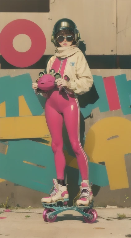 short woman, (ultra detailed,ultra high res,detailed background),((2D)),((2D)),((flat color)),((muted color)),((floating neon)),1girl,solo,looking at viewer, spray paint, graffiti, girl in a colorful fencing suit, long plush scarf, full body image, adult woman, anatomically perfect face, face in focus, symmetrical face, ((rollerskates)), wearing a 1950's scifi helmet with a visor, big sunglasses, carrying a stuffed frog