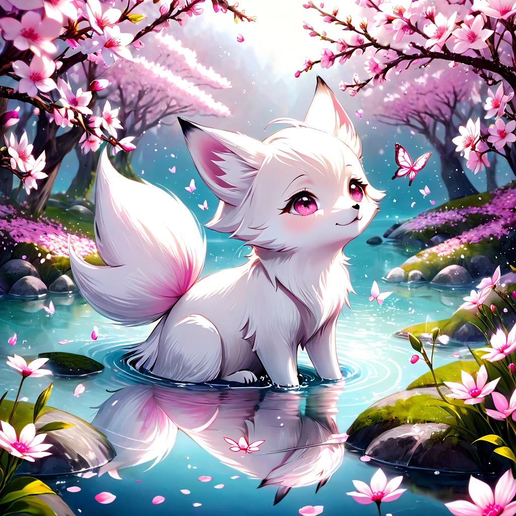 absurdres, highres, ultra detailed, HDR, master piece, best quality, extremely detailed, white fox, solo, cute, small, fantasy, magical, magic, pink butterflies, pink petals, pink flowers, water, blossoms