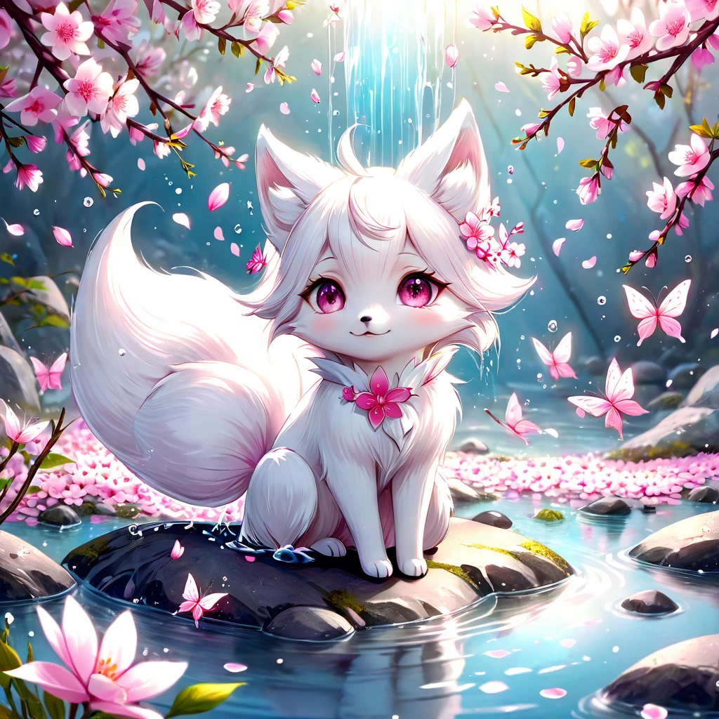 absurdres, highres, ultra detailed, HDR, master piece, best quality, extremely detailed, white fox, solo, cute, small, fantasy, magical, magic, pink butterflies, pink petals, pink flowers, water, blossoms