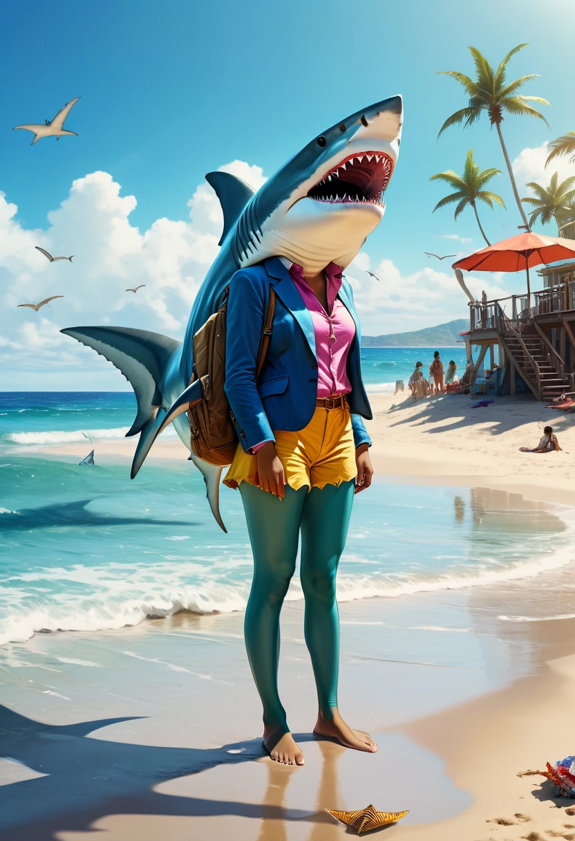 female Shark, dressed as girl, surfing, Dressed animals page, full body, cinematic still, cinemascope, best quality, masterpiece, very aesthetic, perfect composition, intricate details, ultra-detailed, vivid colors