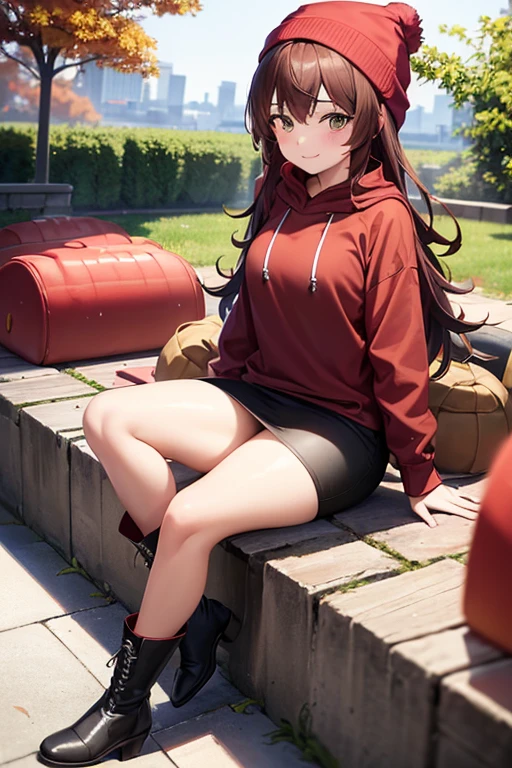 1girl, woman, red hoodie, tight midi pencil skirt (black), long length pencil skirt, long brown hair, looking at viewer, full body, smile, blush, boots, garden, fall, leaves, beanie, brown scarf