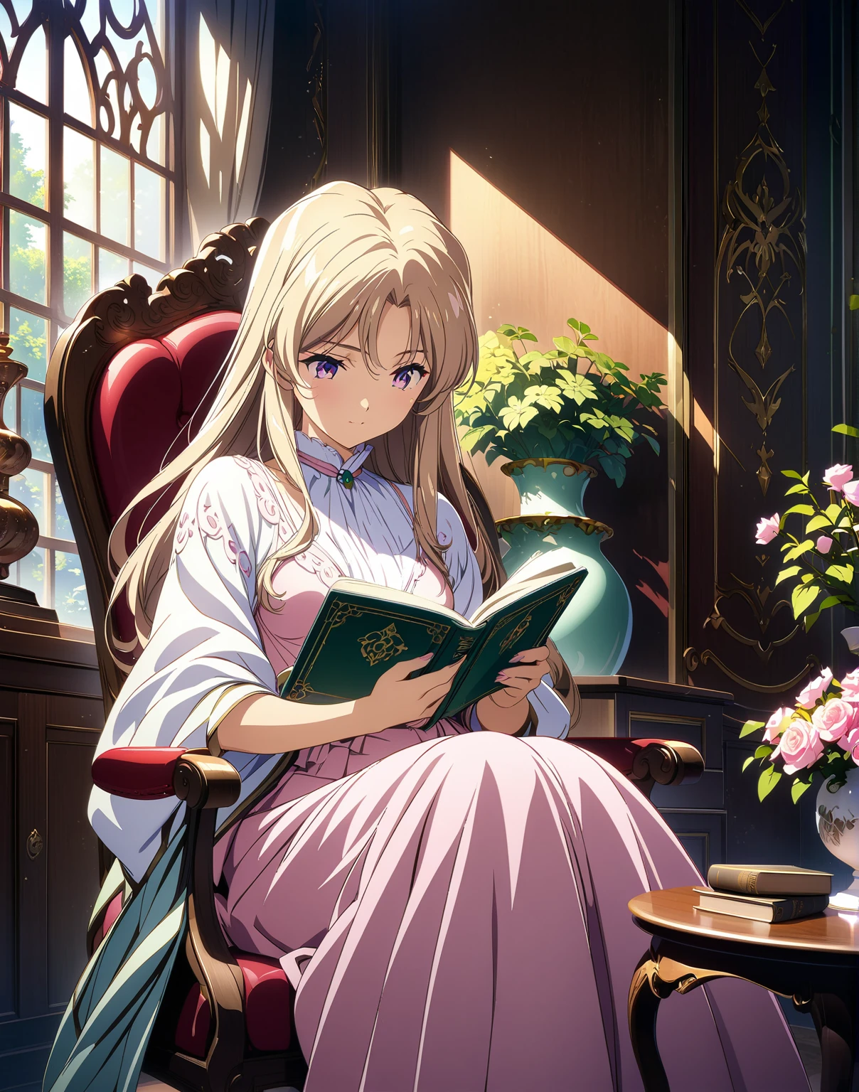 Anime key visual,Very delicate and beautiful,非常にdetailed,CG,Unity,8k wallpaper,wonderful,detailed,masterpiece,The best quality in the best condition,Official Art,非常にdetailed CG 8k Unbelievably ridiculous resolution,Beautiful and exquisite,High resolution,非常にdetailedな目と顔,sitting in a chair reading a book, An elegant study,close