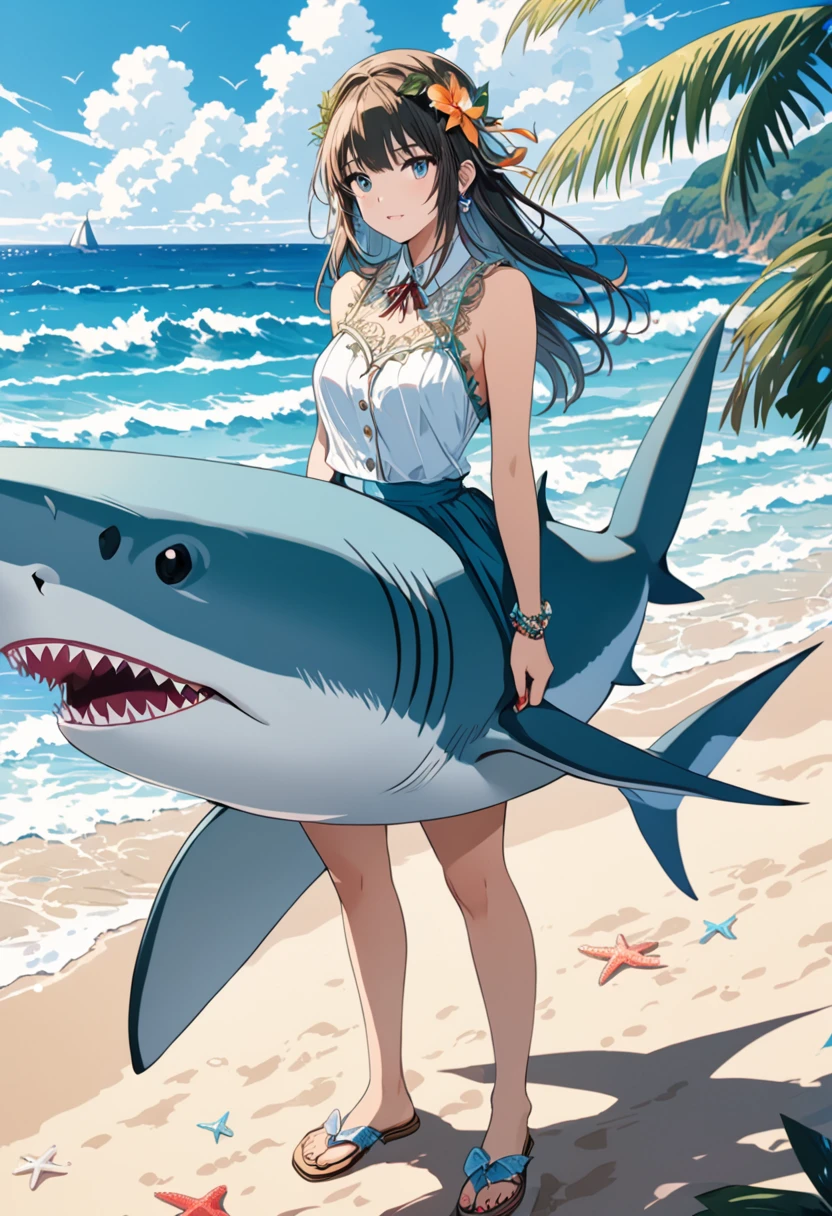 female Shark, dressed as girl, surfing, Dressed animals page, full body, cinematic still, cinemascope, best quality, masterpiece, very aesthetic, perfect composition, intricate details, ultra-detailed, vivid colors