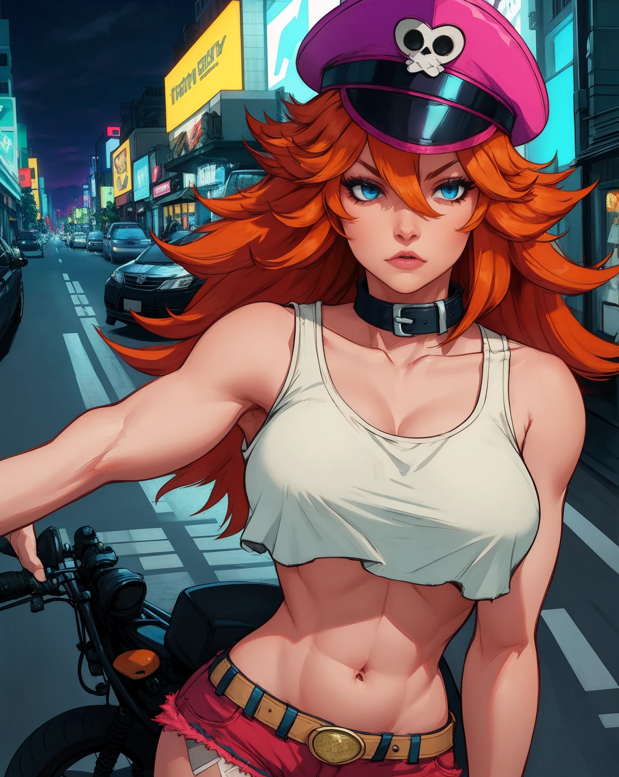 roxy,orange hair,blue eyes,long hair,white crop top,single elbow glove,collar,short red shorts,
peaked cap,
upper body,
driving a motocicle,night,neon lights,streets,
(insanely detailed, masterpiece, best quality),solo,