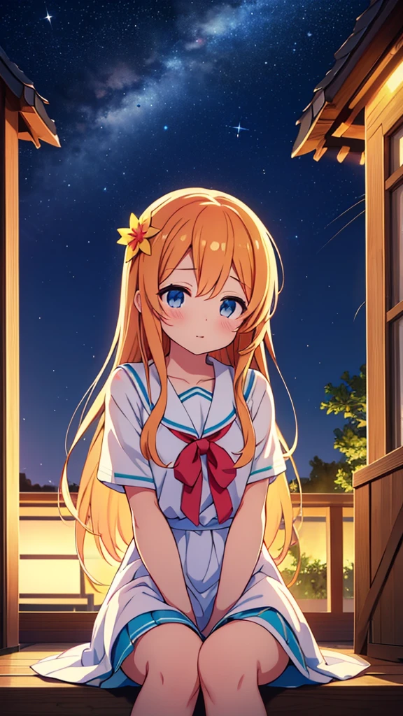 ((Highest quality)), ((masterpiece)), (detailed), Tanabataの星空を夏の淡い紫と淡い白と淡いピンクの柄の浴衣で散策する黒髪少女 Summer Triangle、Orihime and Hikoboshi、Tanabata、Summer night sky、Tanabataの星空に指を指す