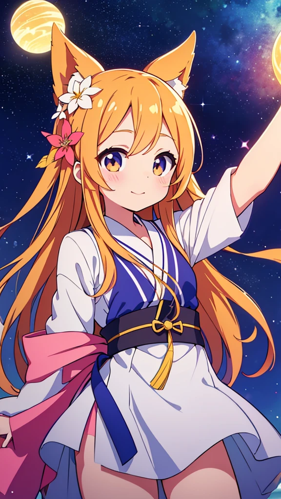 ((Highest quality)), ((masterpiece)), (detailed), Tanabataの星空を夏の淡い紫と淡い白と淡いピンクの柄の浴衣で散策する黒髪少女　Summer Triangle、Orihime and Hikoboshi、Tanabata、Summer night sky、Tanabataの星空に指を指す
