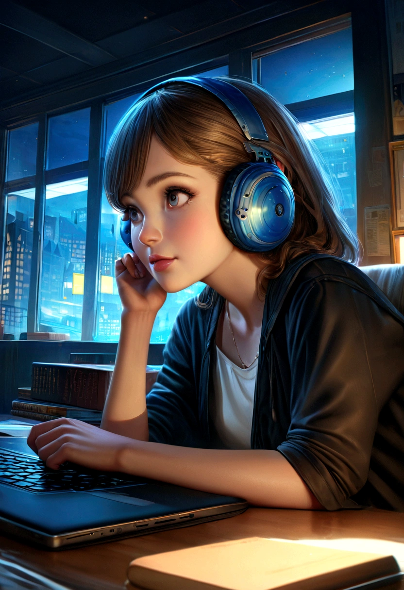 In a city room、Wearing ear pads lined with books、Beautiful ager with computer in front of window stars at night。Ultra-realistic,8K,Ultra High Definition HD,Pixar Style,High resolution,16:9
