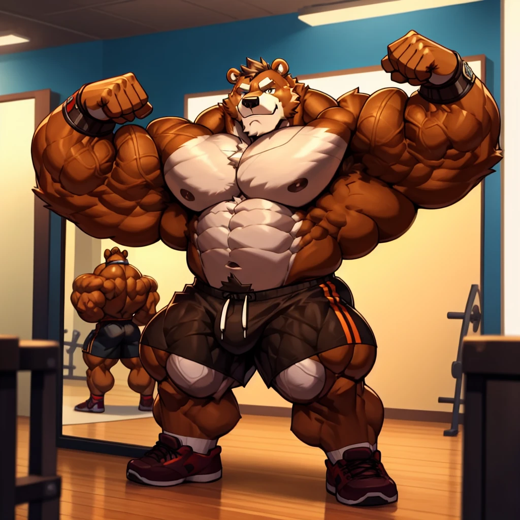 Huge muscular thick Bear bodybuilder shirtless in black gym shorts and wristbands flexing and posing at the mirror looking at his muscles pumped.