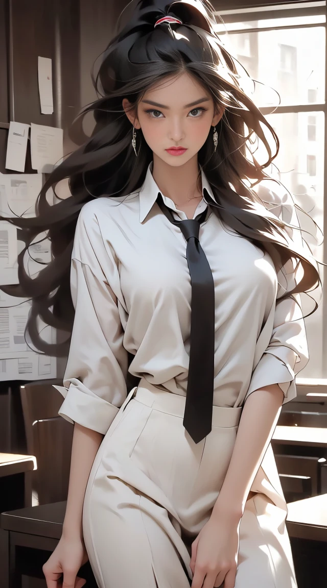 ((Highest quality, 8K, masterpiece :1.3)), ((masterpiece, Highest quality, High resolution, Very detailed),(beautifully、Aesthetically beautiful:1.2), 1 female, Adult, Perfect body, Wavy black hair, Green Eyes, Tie your hair back、She has a beautiful ponytail, Detailed eyes and face, uniform, Hiding her nipples under a white shirt, See-through clothing ,See-through underwear, classroom, whole body