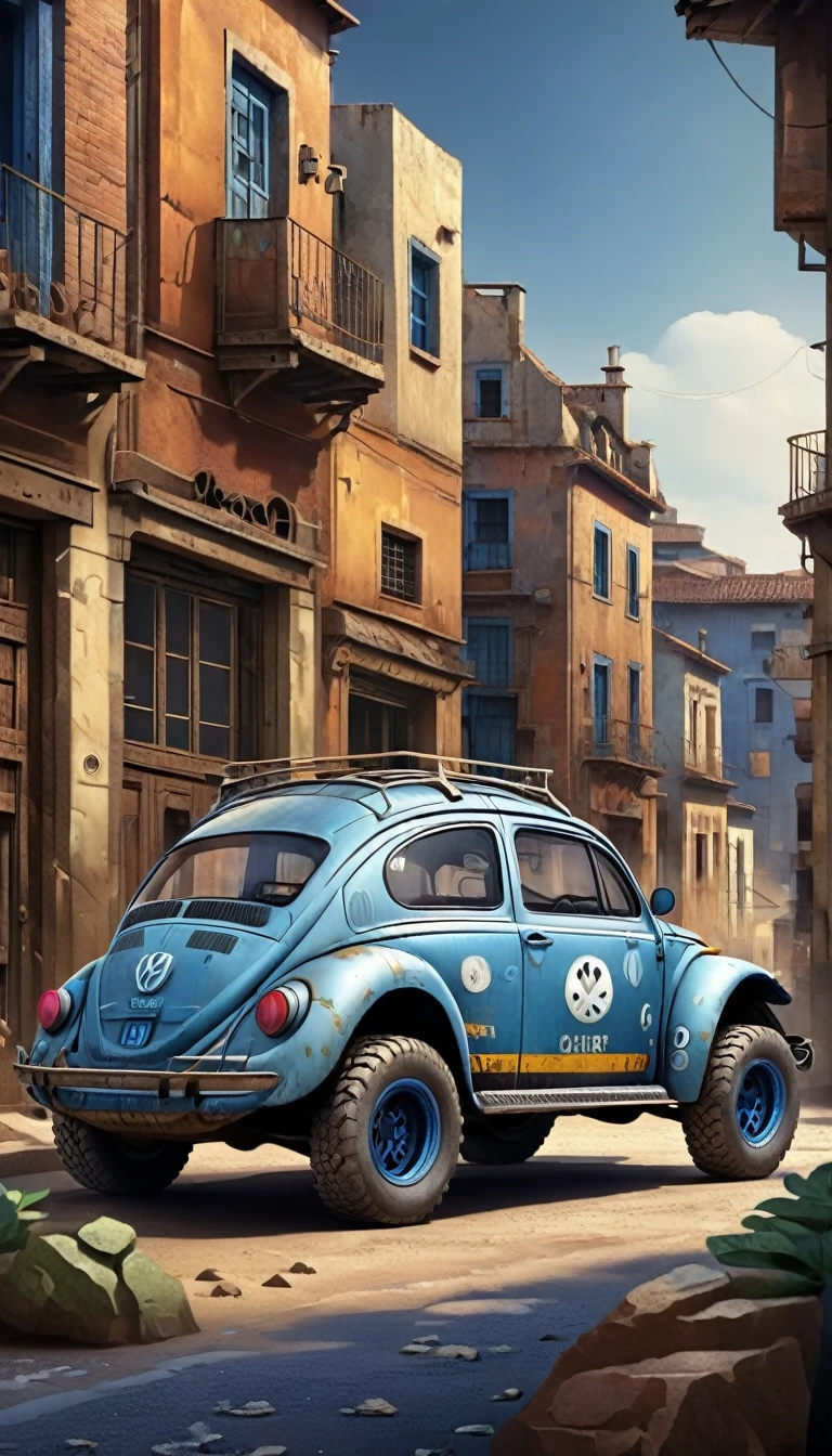 Beetle、blue、Photographed from diagonally in front、Four-wheel drive、Off-road tires、