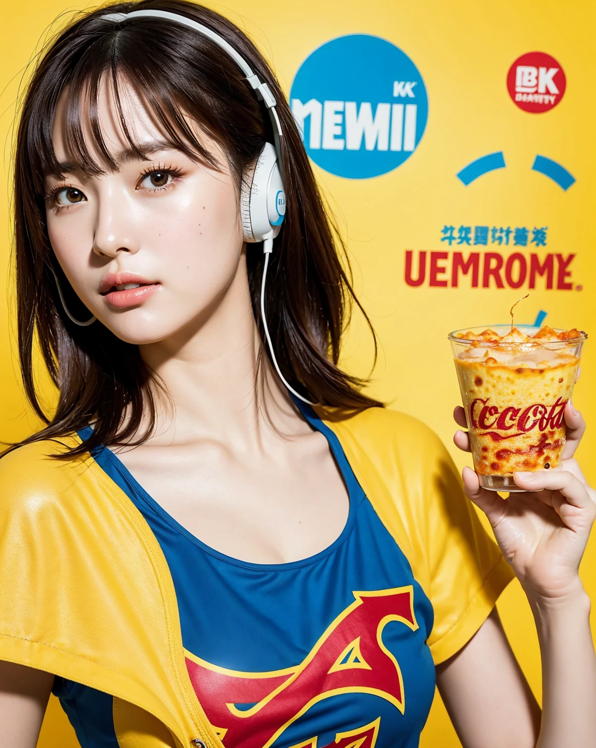 Realistic, 8K, masterpiece, RAW Photos, Highest quality, Realistic, 非常に詳細な CG Unity 8K 壁紙, Written boundary depth, Cinematic Light, Lens flare, Ray Tracing, Perfect lighting,((short hair)), (Delicate skin), (Delicate face), (Pop Background :1.1), Person standing and watching、Comical movement,((1 female)),Supergirl Costume、Headphones,(Yellow background),Modern Style,Artistic,Moving configuration,Unique Pattern,Bold Texture,colorful,Imaginative,Whimsical,Vibrant,like々Shii,Playful,Vibrant,creative,Expressive,stylish,tendency,One Girl,(Eating pizza)、Coca-Cola Poster、Lemon on the background