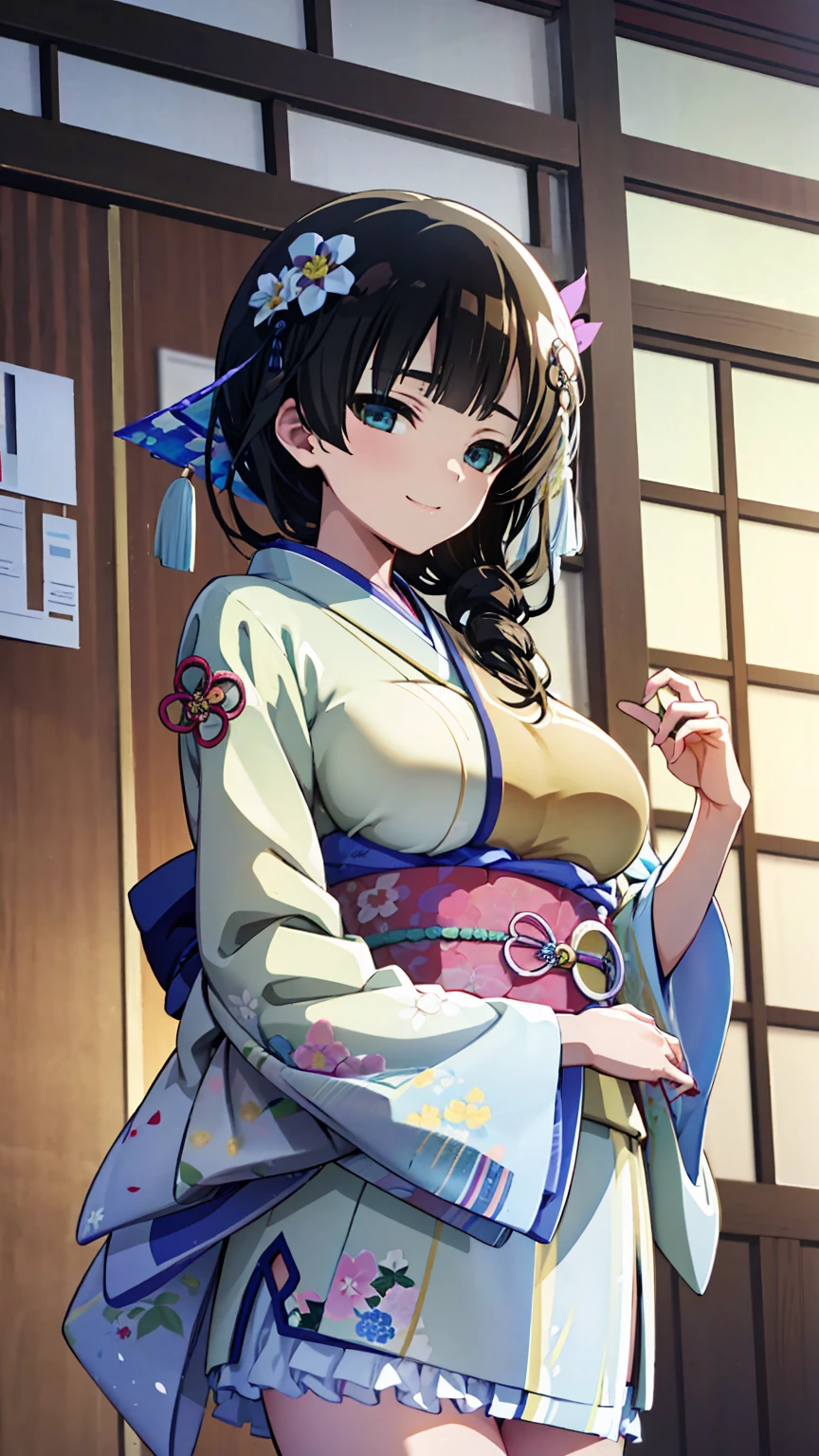 masterpiece, best quality, absurdres , perfect anatomy ,wang yujia, Black hair , smiling , (((busty))), 1girl, sensual body, Her cheeks flushed, frills kimono , kimono , Oriental town